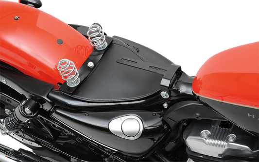 Drag Specialties solo seat with spring mount for Harley XL motorcycles, model years 2004-2022, shown with mounting hardware.