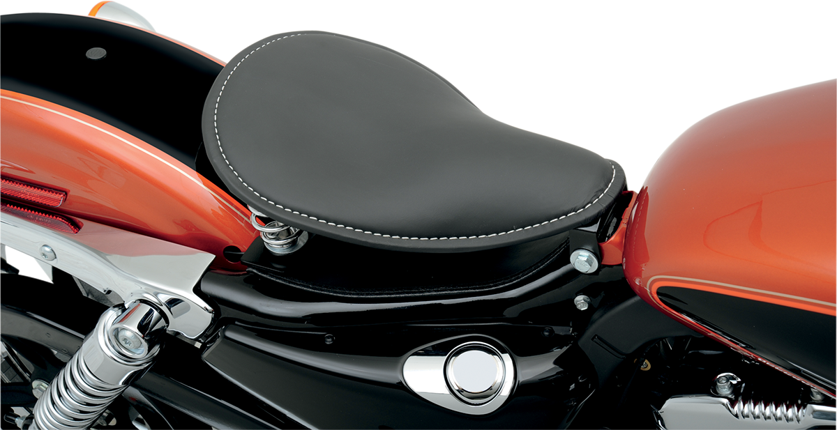 Drag Specialties solo seat with spring mount for Harley XL motorcycles from 2004 to 2022, shown with mounting hardware.