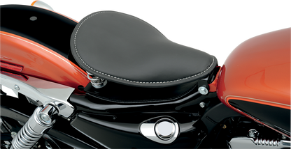 Drag Specialties solo seat with spring mount for Harley XL motorcycles from 2004 to 2022, shown with mounting hardware.