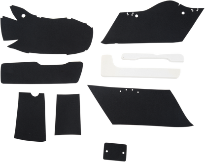 Black saddlebag lining kit for FL 2014-2022 motorcycles by Drag Specialties Seats, part number 3501-0943, in packaging.
