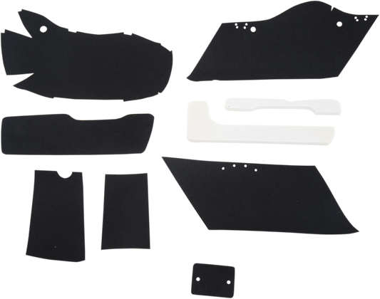 Black saddlebag lining kit for FL 2014-2022 motorcycles by Drag Specialties Seats, part number 3501-0943, in packaging.