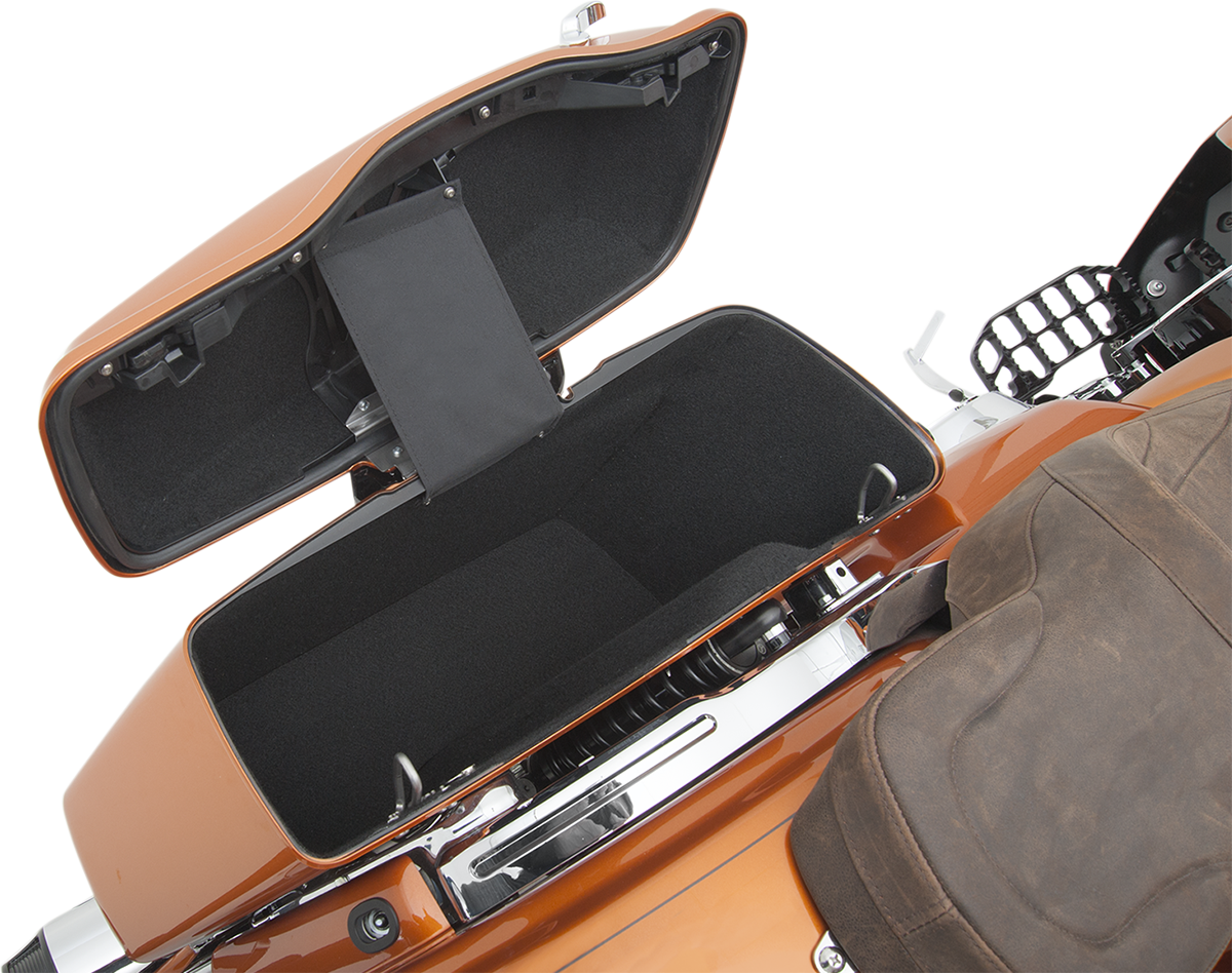 Black saddlebag lining kit for FL 2014-2022 motorcycles by Drag Specialties Seats, shown in the image.