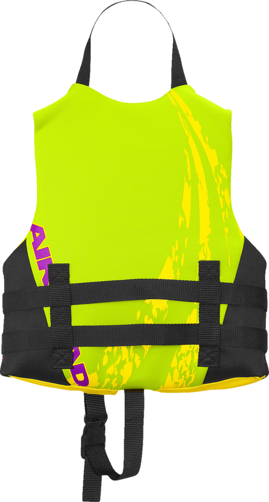 Green AIRHEAD SPORTS GROUP child Swoosh water vest by Bill's Exhausts, featuring adjustable straps and foam padding for safety.