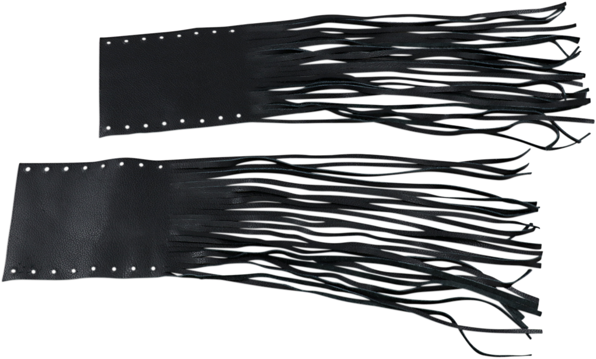 Drag Specialties seats fringed leather grip covers for 1-inch bars, with rubber or foam grip options, shown on motorcycle handlebars.