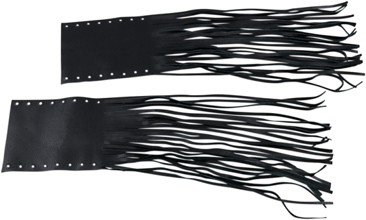 Drag Specialties seats fringed leather grip covers for 1-inch bars, with rubber or foam grip options, shown on motorcycle handlebars.