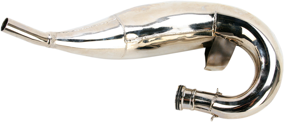 FMF Fatty Pipe 025119 high-performance motorcycle exhaust showcasing its durable, shiny metal construction and mounting details