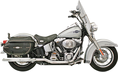 BASSANI XHAUST Power Curve True-Dual Crossover Header Pipes for 2007-2017 Softail motorcycle, showing shiny metal exhaust pipes.