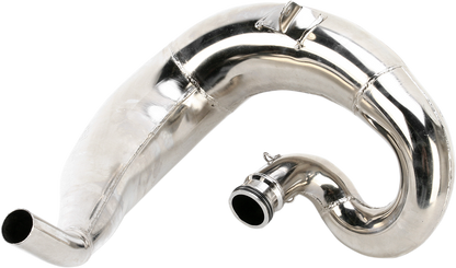 FMF Fatty Pipe 025130 motorcycle exhaust showcasing its high-performance design and shiny metal finish.