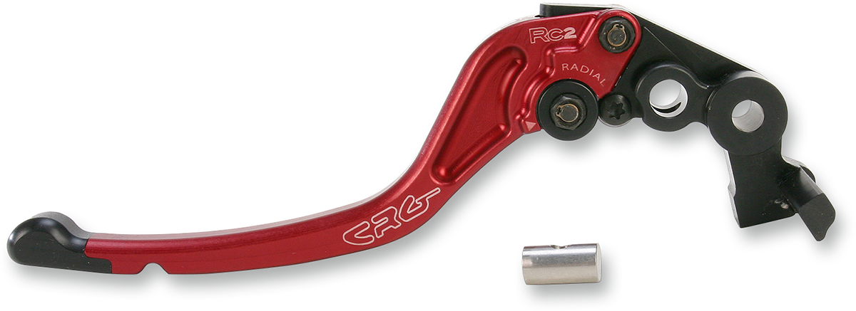 Red CRG RC2 standard brake lever for motorcycle, showing the sleek, lightweight design and precision engineering.