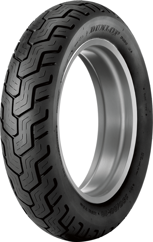Dunlop D404 front motorcycle tire with 150/80-16 whitewall and 71H load rating on a motorcycle wheel.