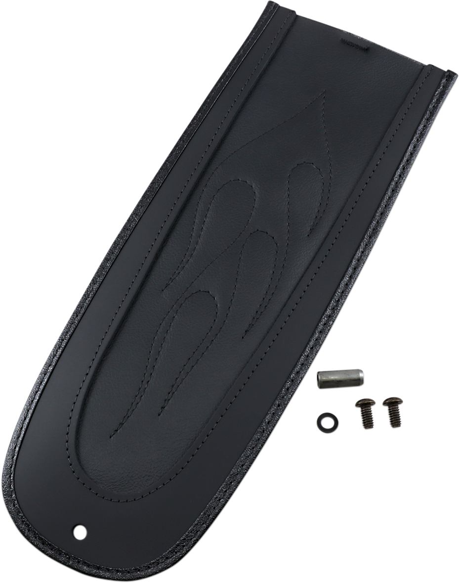 Drag Specialties seats fender skin with flame-stitched automotive-grade vinyl center, designed for custom motorcycle styling.