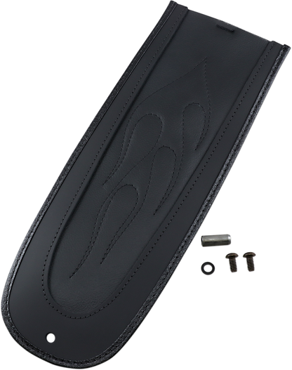 Drag Specialties seats fender skin with flame-stitched automotive-grade vinyl center, designed for custom motorcycle styling.