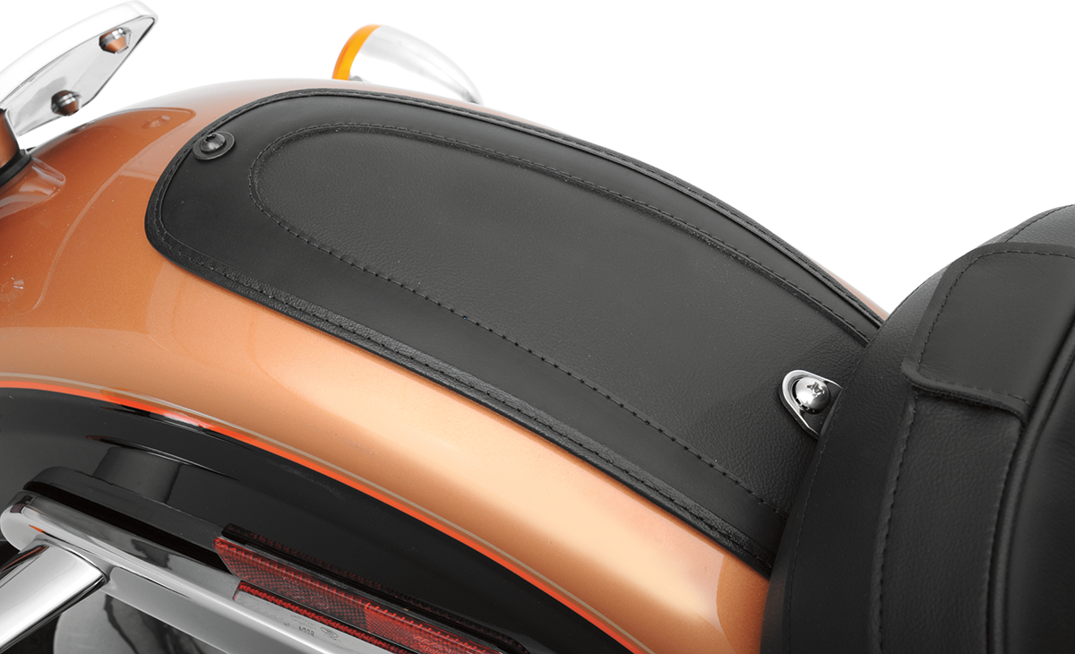 Drag Specialties Seats fender skin with leather perimeter and felt liner, shown on motorcycle rear fender.
