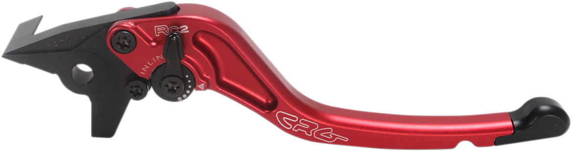 CRG RC2 standard brake lever in red, designed for motorcycle racing, showing the sleek, ergonomic handle and mounting point.