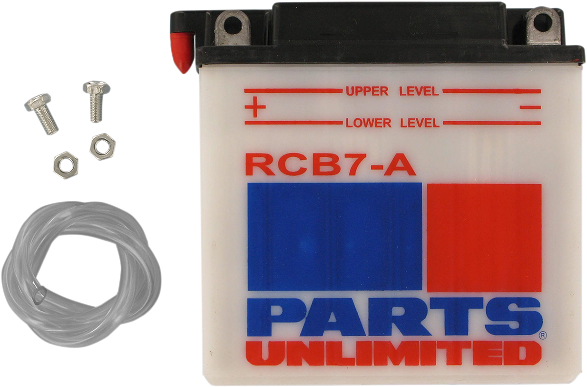 Parts Unlimited YB7A CB7A heavy-duty motorcycle battery providing reliable starting power, shown in the image.