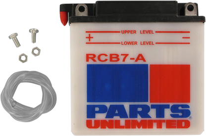 Parts Unlimited YB7A CB7A heavy-duty motorcycle battery providing reliable starting power, shown in the image.