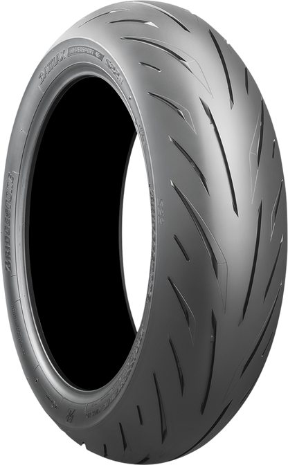 BRIDGESTONE Battlax S22 Hypersport rear motorcycle tire 180/60ZR17 with enhanced handling and grip, shown on a wheel.