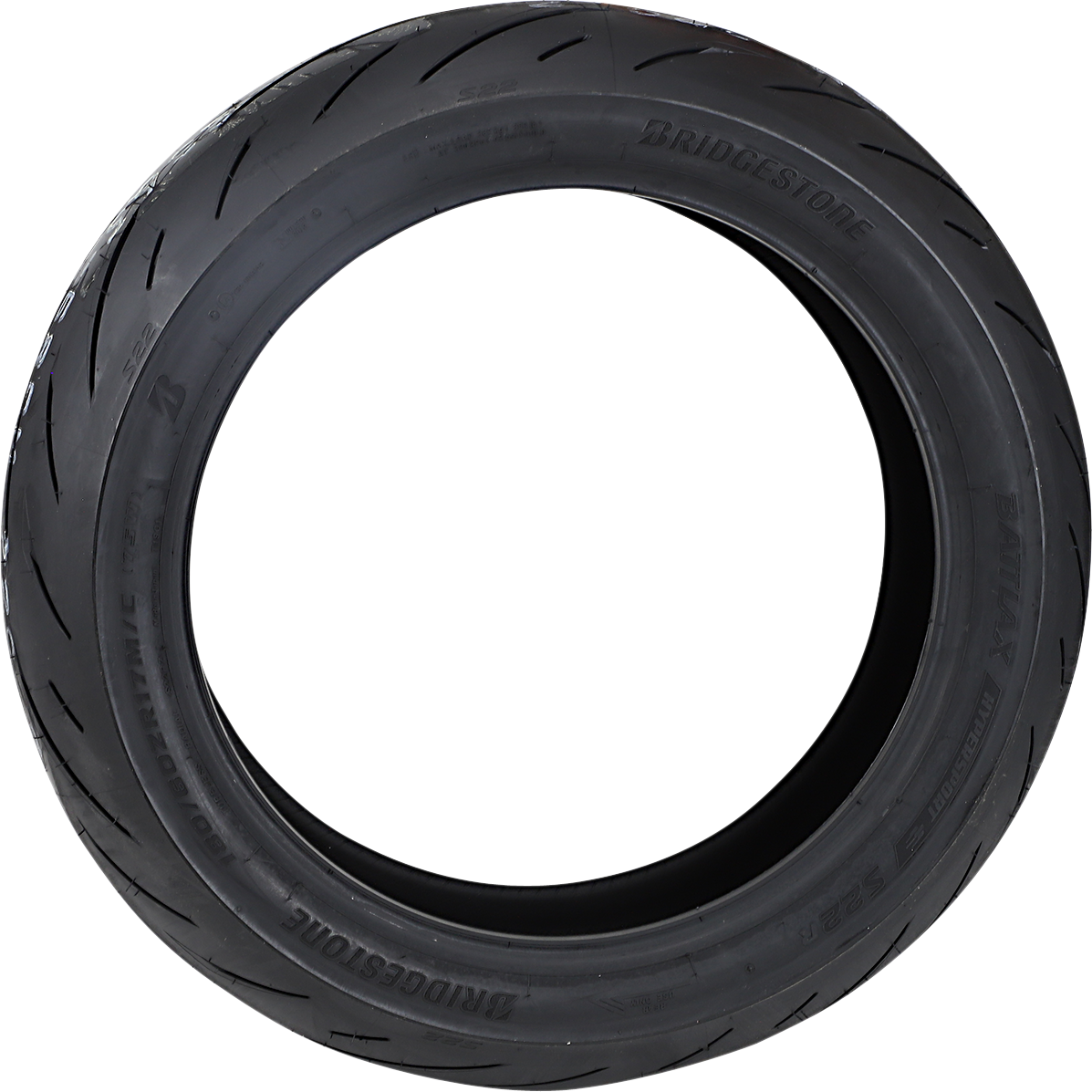 Bridgestone Battlax S22 Hypersport rear motorcycle tire 180/60ZR17 with enhanced handling and grip, showing tread pattern and sidewall