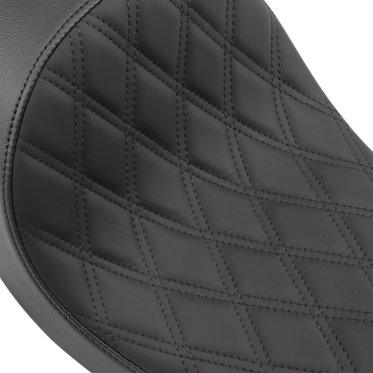 Drag Specialties 3/4 solo seat with low diamond stitch for FXD/FLD motorcycles, 2006-2017, shown in black leather.