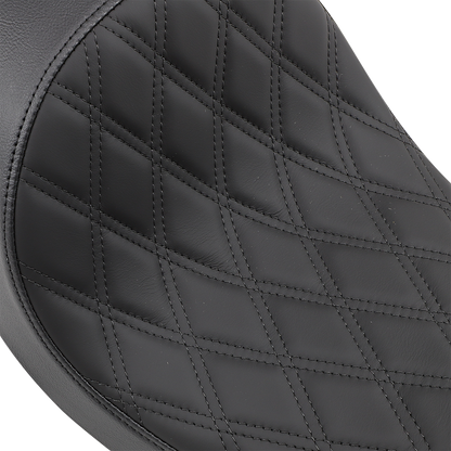 Drag Specialties 3/4 solo seat with low diamond stitch for FXD/FLD motorcycles, 2006-2017, shown in black leather.