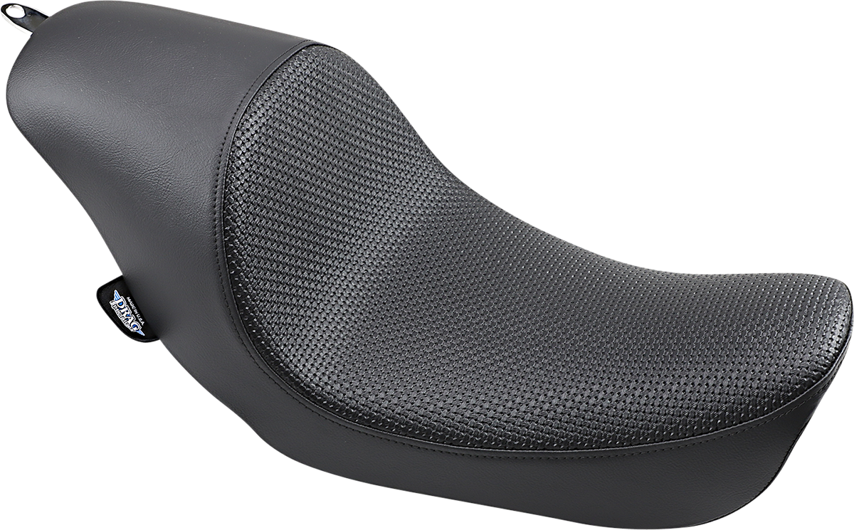 Black 3/4 solo seat with basketweave finish from Drag Specialties for FXD/FLD motorcycles, low-profile design.