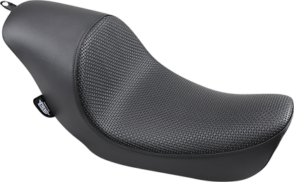Black 3/4 solo seat with basketweave finish from Drag Specialties for FXD/FLD motorcycles, low-profile design.