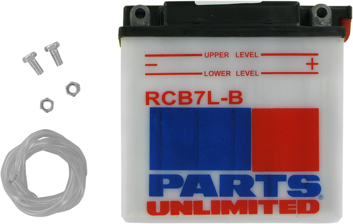 Heavy-duty motorcycle battery by PARTS UNLIMITED, YB7L-B model, suitable for CB7L-B engines, with black casing and terminals visible.
