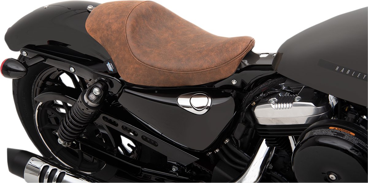 Brown distressed 3/4 solo seat for Harley XL models, by Drag Specialties Seats, fits 2004-2022 motorcycles.
