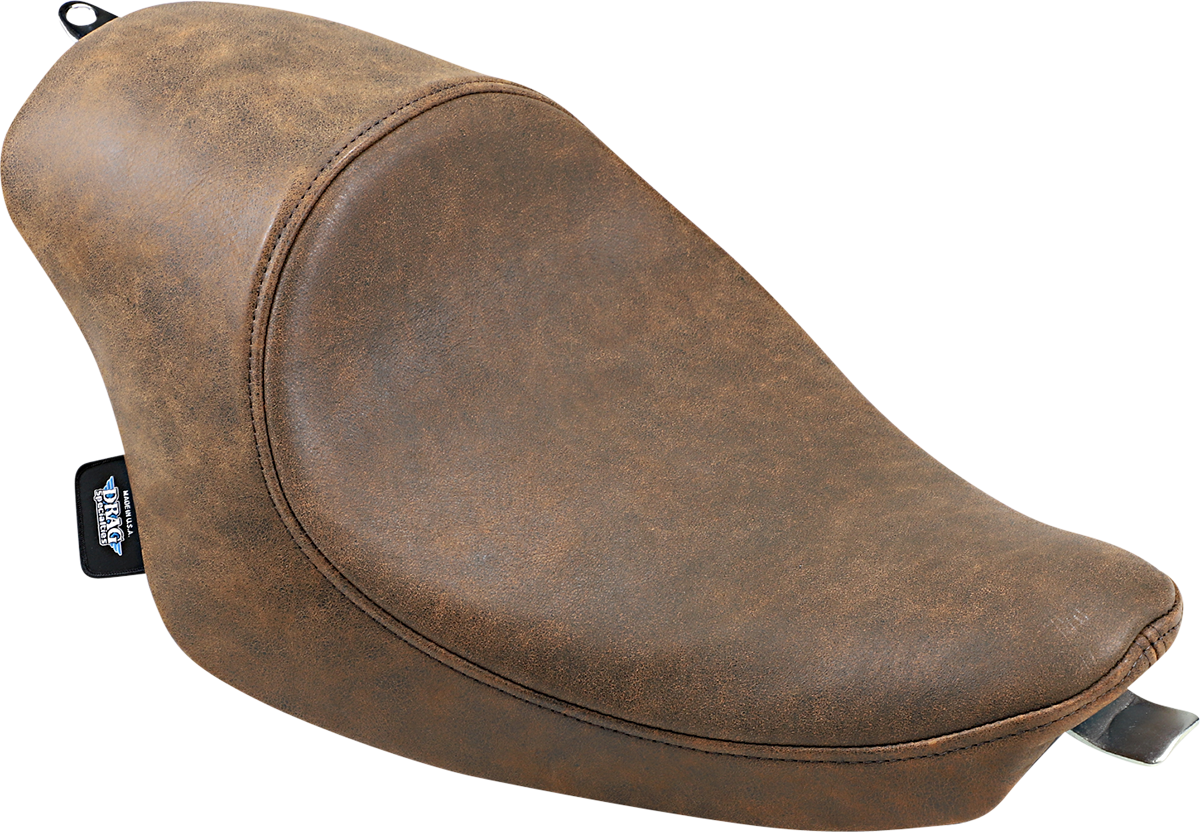 Brown distressed 3/4 solo seat for Harley XL models by Drag Specialties, vintage-style motorcycle seat, part #0804-0747.
