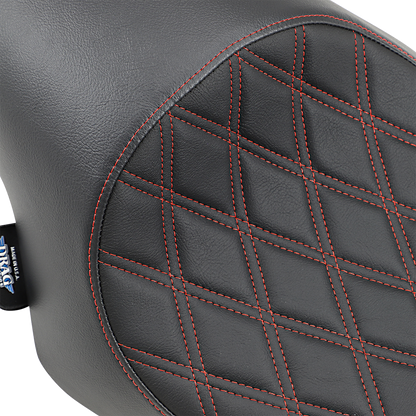 Black 3/4 solo seat with red stitching from Drag Specialties for Harley XL '04-'22, featuring double diamond pattern.