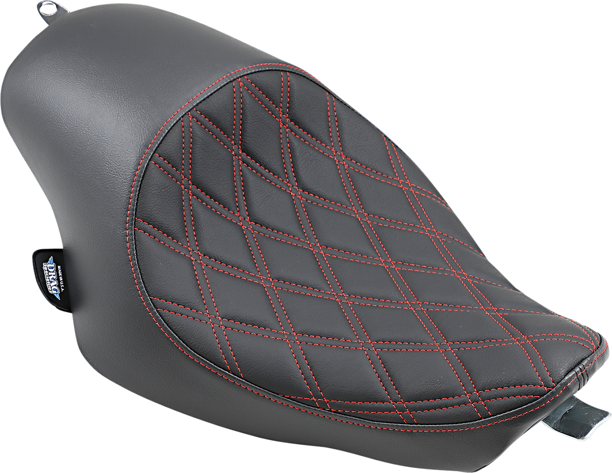DRAG SPECIALTIES 3/4 Solo Seat for XL 2004-2022, Double Diamond Black with Red Stitching, showing the sleek black seat with red accents.