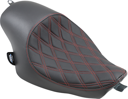 DRAG SPECIALTIES 3/4 Solo Seat for XL 2004-2022, Double Diamond Black with Red Stitching, showing the sleek black seat with red accents.