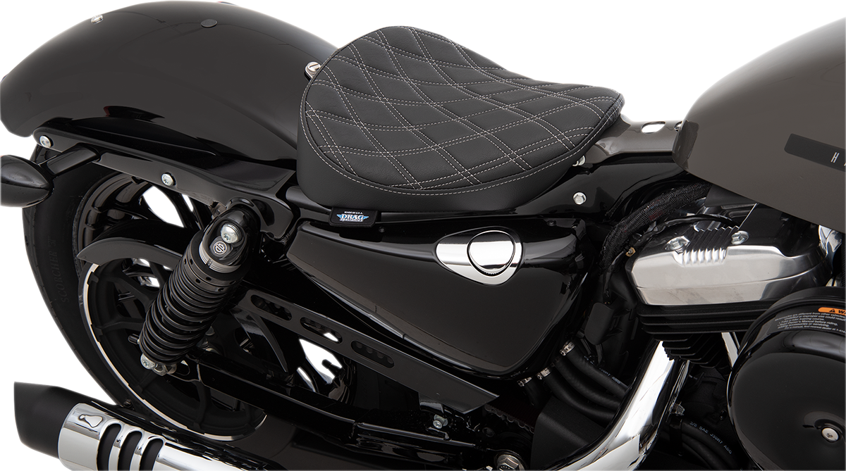 Drag Specialties Bobber Solo Seat with Double Diamond Silver Stitch for Harley-Davidson XL 2010-2022 motorcycle in black leather