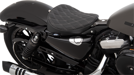 Drag Specialties Bobber Solo Seat with Double Diamond Silver Stitch for Harley-Davidson XL 2010-2022 motorcycle in black leather