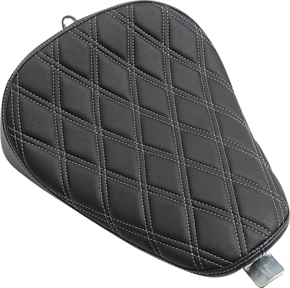 Drag Specialties Bobber Solo Seat for Harley-Davidson XL 2010-2022, double diamond silver stitch design on black leather.