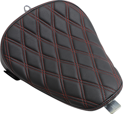 Drag Specialties Bobber Solo Seat with red stitching for Harley XL 2010-2022, featuring a double diamond design and sleek finish.