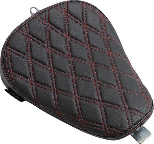 Drag Specialties Bobber Solo Seat with red stitching for Harley XL 2010-2022, featuring a double diamond design and sleek finish.