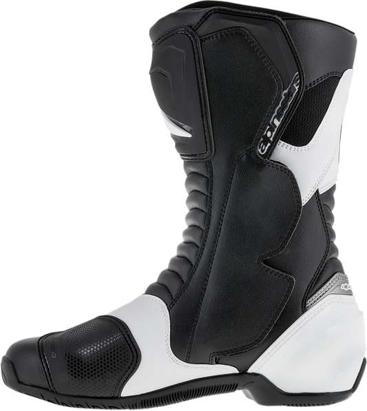 Alpinestars SMX-S motorcycle boots in black and white with US size 12 / EU 47, featuring protective gear design and sturdy construction.