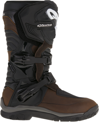 Alpinestars Corozal Adventure Drystar oiled leather motorcycle boots in brown, US 8 / EU 42, with ankle support and rugged design.