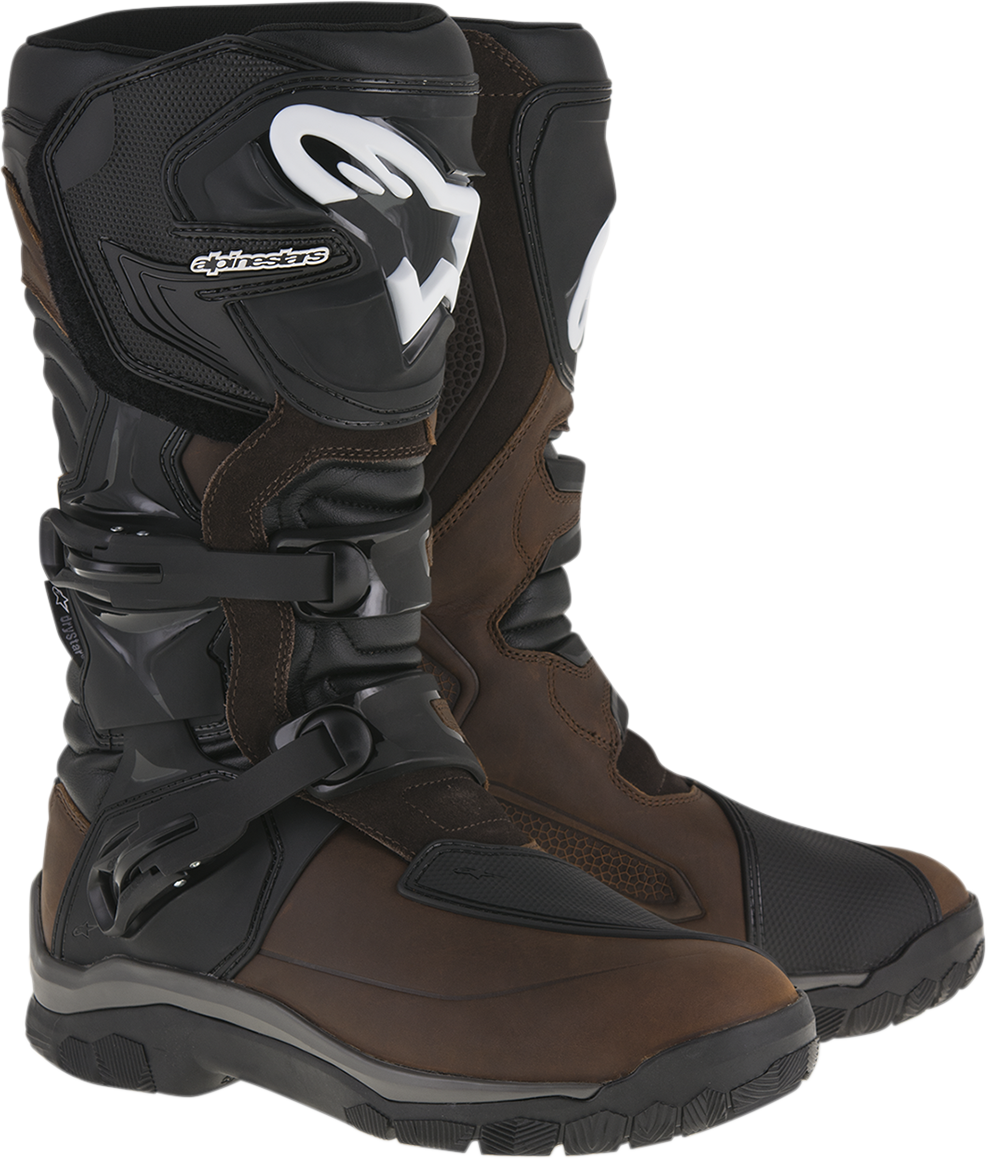 Alpinestars Corozal Adventure Drystar leather motorcycle boots in brown with ankle protection, US 8 / EU 42 size.