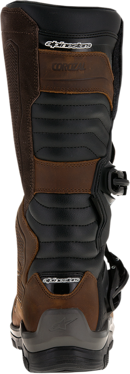 Alpinestars Corozal Adventure Drystar oiled leather motorcycle boots in brown, US 9 / EU 43, with rugged design and sturdy soles.