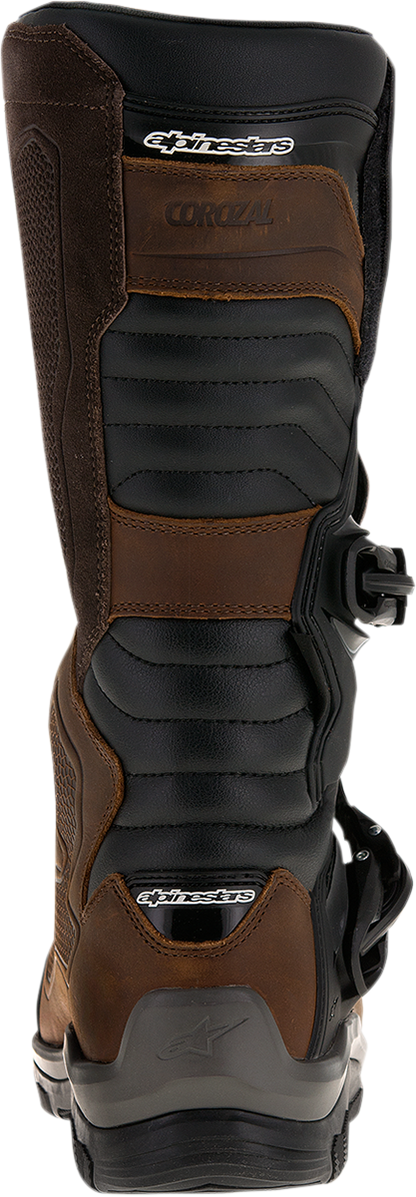 Alpinestars Corozal Adventure Drystar oiled leather motorcycle boots in brown, US 9 / EU 43, with rugged design and sturdy soles.