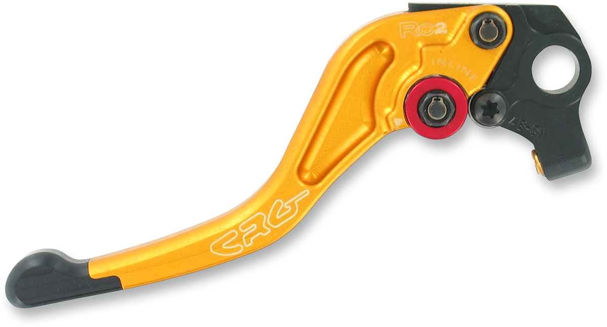 CRG RC2 Shorty brake lever in gold for motorcycles, showing the sleek, compact design with mounting details.