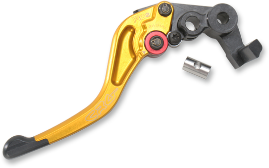 CRG RC2 Shorty Brake Lever in gold, precision machined from 6061-T6 aluminum for motorcycle braking components.