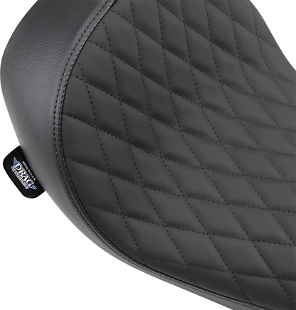 DRAG SPECIALTIES low solo motorcycle seat with diamond stitch for FXD/FLD models 2006-2017, shown on a bike.