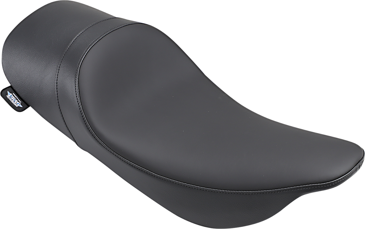 Low profile solo motorcycle seat by Drag Specialties for Harley FLHR models from 1997 to 2007, featuring sleek design.