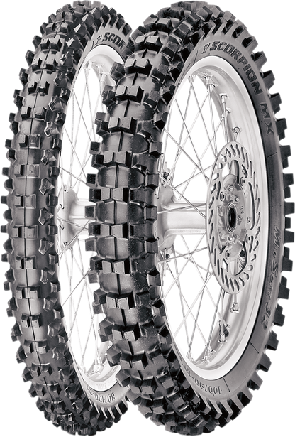 PIRELLI Scorpion XC Mid Soft rear tire for off-road vehicles, size 110/100-18, with rugged tread pattern for off-road terrain.