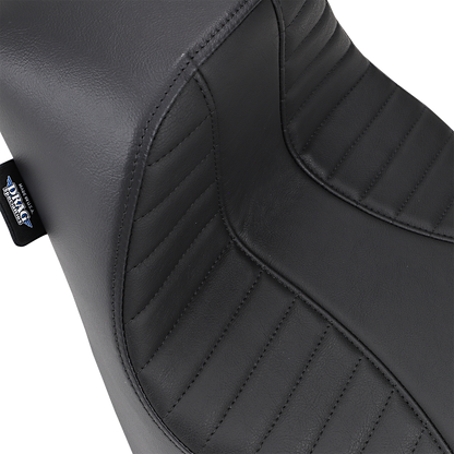 DRAG SPECIALTIES EZ-Solo Seat with Scorpion Stitch in vinyl for Harley FL/FX 2018-2022, shown from the side with detailed stitching
