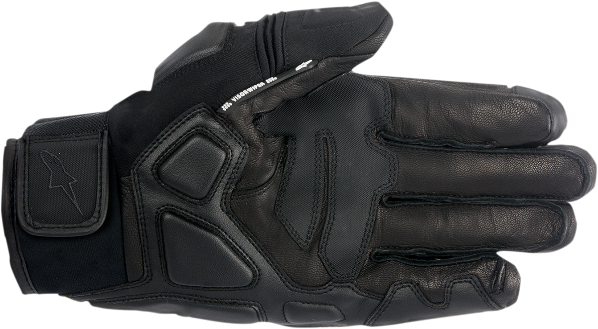 Alpinestars Corozal V2 Drystar waterproof motorcycle gloves in black, small size, showing the textured leather and secure wrist closure.