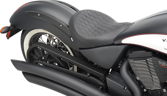 Black low solo seat with diamond stitch pattern from Drag Specialties Seats, designed for Victory motorcycles 2003-2017.